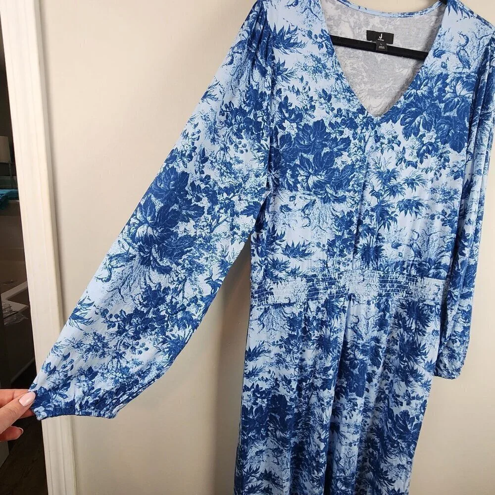 Jason Wu blue floral dress sz L women long sleeve stretchy - Picture 4 of 11
